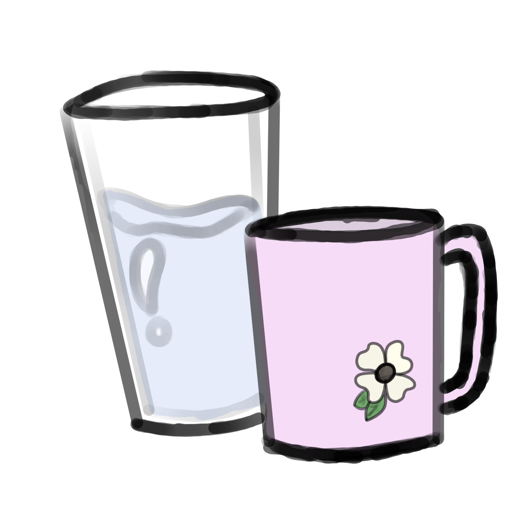 an image of two cups, a half full water glass and a pink mug with a yellow flower on it